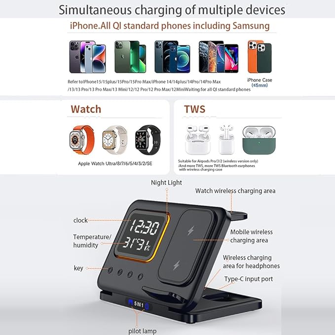 IHAO 5in1 Multi Functional Wireless Charging Station Digital Clock 15W Fast - Image 5