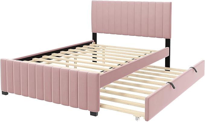 Full Bed Frame with Trundle Bed, Velvet Upholstered Platform Bed Frame - Image 4