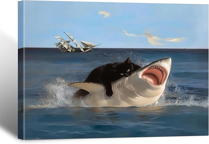 BFKDKG Framed Black Cat Wall Art, Abstract Black Cat Shark Poster, Funny quirky by BFKDKG
