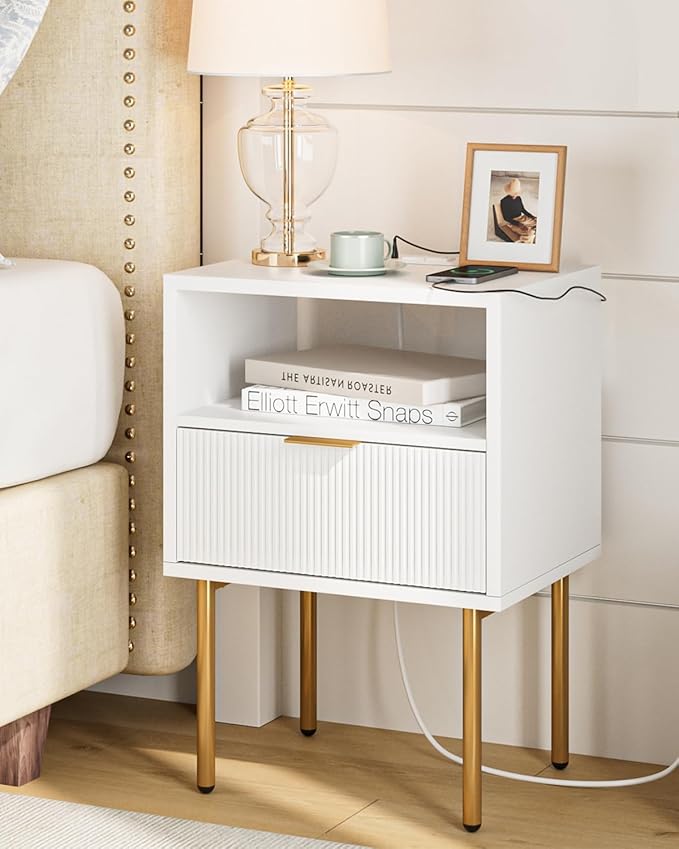 Masupu Nightstand with Charging Station, Mid-Century Modern Bedside Table with by Masupu