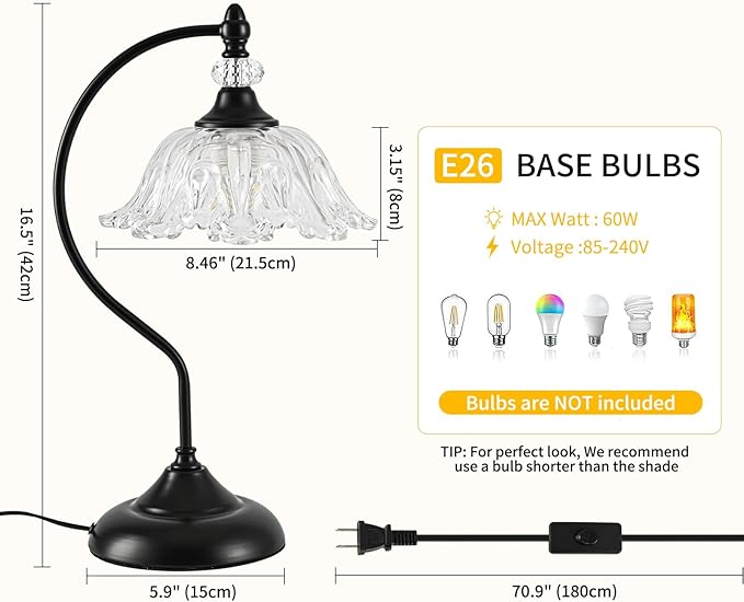 Table Lamp for Bedroom, Crystal Glass Beside Lamp, Plug in Dimmable Black Lamp - Image 5