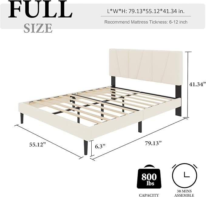 Full Size Bed Frame with Fabric Upholstered Headboard, Platform Bed with Wooden - Image 2
