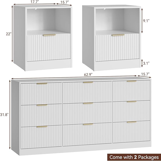 9 Drawer Dresser & Nightstand Set 3-Piece, 63” Wide Bedroom Set Night Stand Set - Image 2