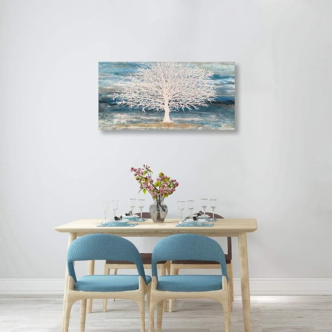 White Tree Canvas Wall Art Large Teal Blue Decor Textured Painting Print - Image 5
