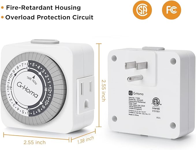 G-Homa Timers for Electrical Outlets, 24 Hour Indoor Plug-in Mechanical Timer - Image 4