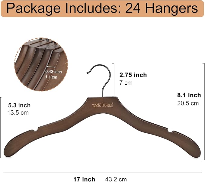 TOPIA HANGER Wooden Coat Hangers 24 Pack, Premium Wood Suit Sweater No Shoulder - Image 3