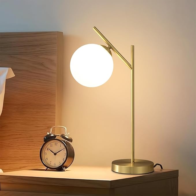 Mid Century Modern Table Lamp, 1 Light Brass Glass Globe Bedside Lamp, by Fulesi
