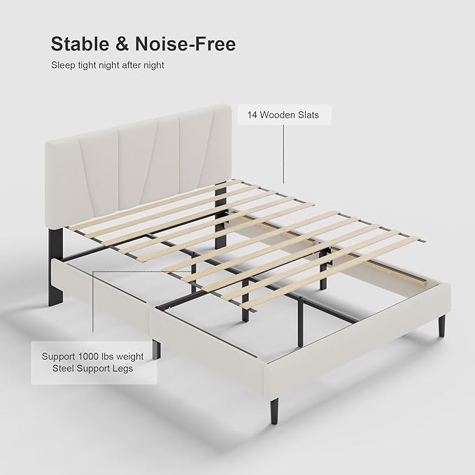 Full Size Bed Frame with Fabric Upholstered Headboard, Platform Bed with Wooden - Image 4