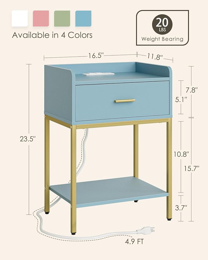 Masupu Nightstand with Charging Station, 3-Tier Modern Bedside Night Stand with - Image 2
