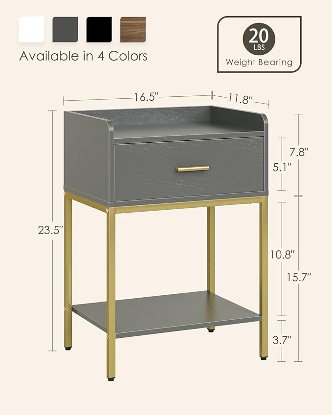 Masupu Gray Nightstand, 3-Tier Modern Bedside Table Night Stand - Image 2