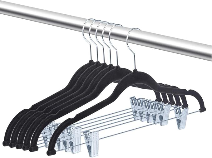 OIKA Black Velvet Hangers with Clips–16.7-Inch Space-Saving Pants Hangers by DoitonceDoitpermanently