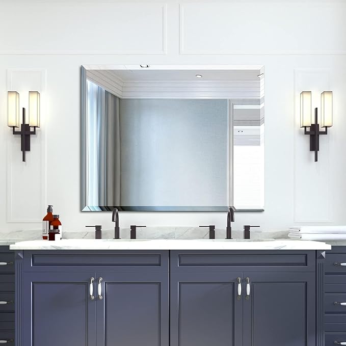 Mirrorons Beveled Mirror, Wall Mirror 40" x 32", Frameless Rectangle Bathroom - Image 7