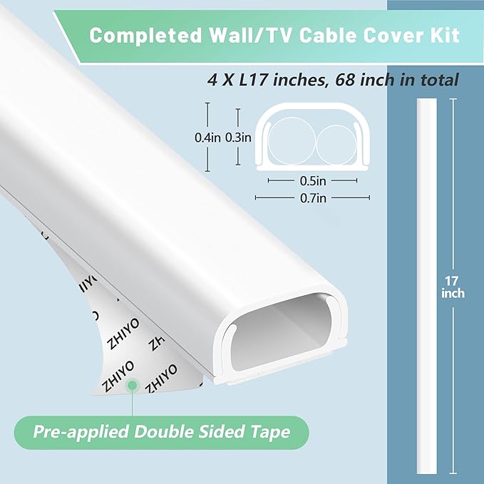 ZhiYo Wire Covers for 2 Cords, Cord Hider on Wall Mounted, 68in Cord Cover Kit - Image 4