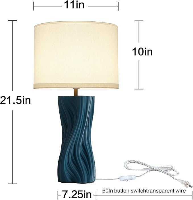 Modern Plug in Textured Table Lamps 21.5In Blue Ceramic Table Lamp Bedroom - Image 5
