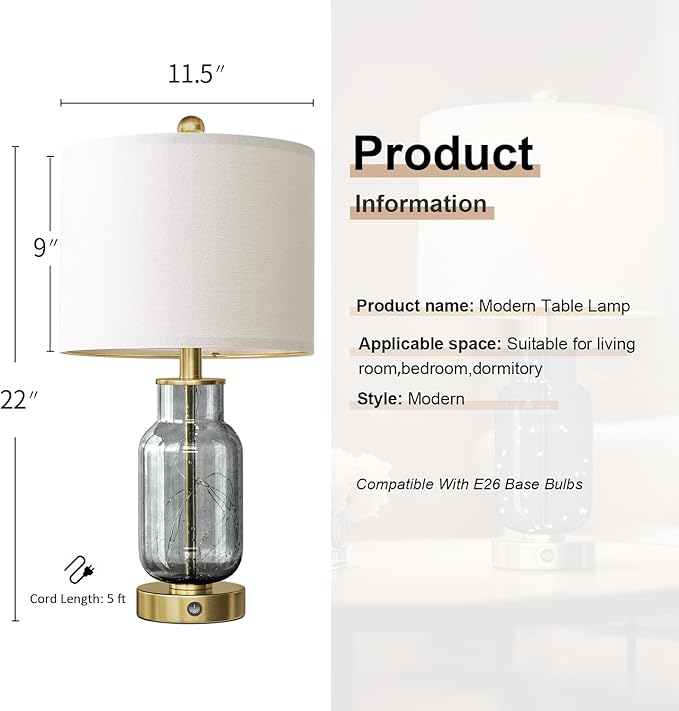 Oneach 22" Glass Table Lamps Set of 2, Nightstand Lamp - Image 5
