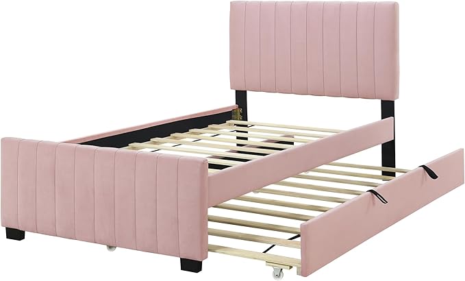 Twin Size Bed Frame with Trundle Bed, Velvet Upholstered Bed Frame, Twin Size - Image 4