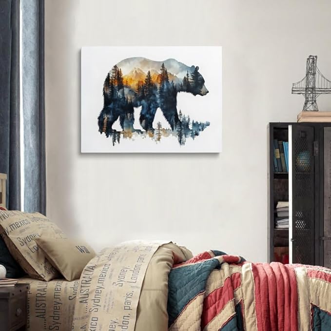 Bear Silhouette Forest Landscape Canvas Wall Art Framed Print Watercolor - Image 7