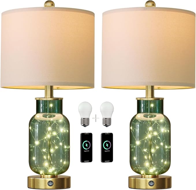 Oneach 22" Glass Table Lamps Set of 2, Nightstand Lamp - Image 3