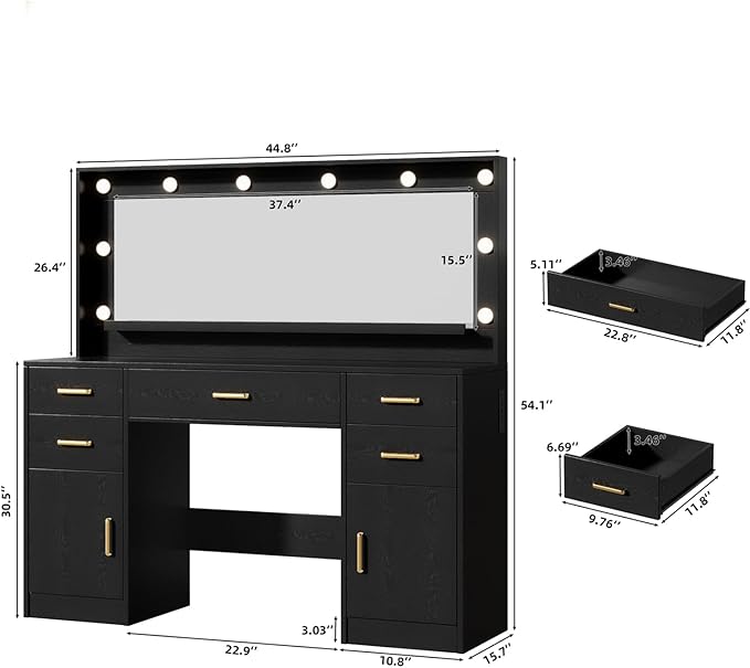 44.8" Large Vanity Desk with Lighted Mirror & Power Outlet, Dressing Table - Image 3