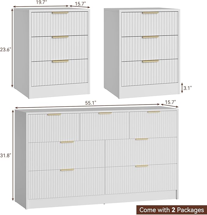 7 Drawer Dresser & Nightstand Set, 3-Piece White Fluted Dresser and Night Stand - Image 2