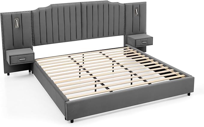 King Size Bed Frame with Storage, Luxury King Platform Bed Frame with Headboard - Image 7
