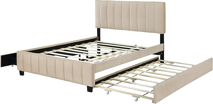 Queen Bed Frame with Trundle Bed, Velvet Upholstered Platform Bed Frame with - Image 5