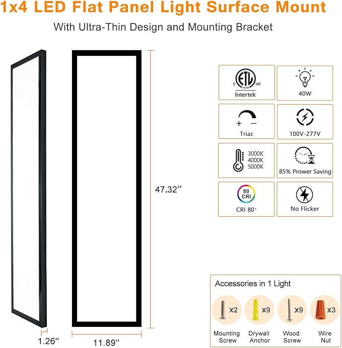 Mcacggo 12-Pack Black 1x4 LED Flat Panel Light Surface Mount, 5000K-4000K-3000K - Image 7