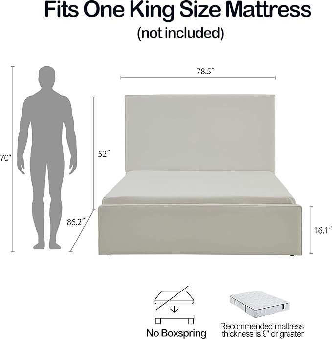 King Size Upholstered Bed Frame, Lucas Tall Headboard Floor Platform Beds - Image 2