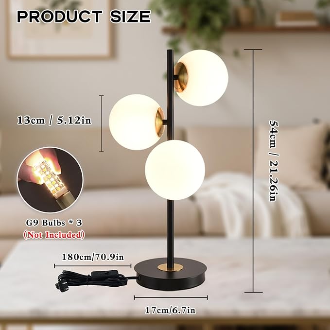 3-Light Black and Gold Table Lamp, Milk White Glass Globe Table Lamp - Image 3