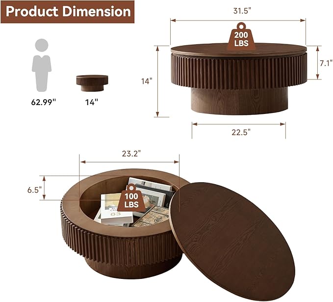 LKTART Round Coffee Table for Living Room, Accent Fluted Drum Coffee Table - Image 3