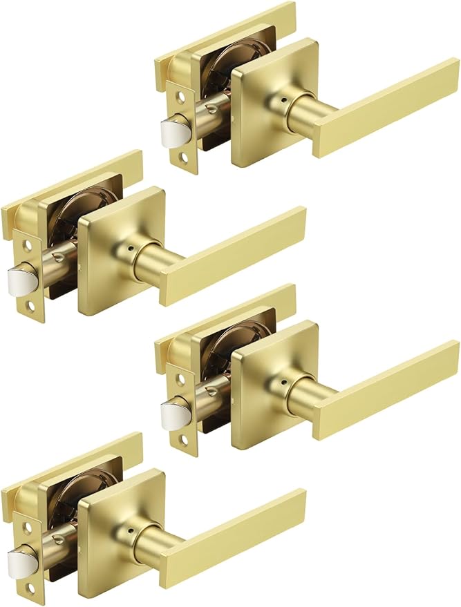 Mengico 4 Pack Passage Door Levers Gold Finish, No-Locking Keyless Square Door by Mengico