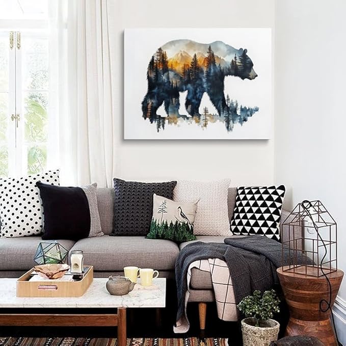 Bear Silhouette Forest Landscape Canvas Wall Art Framed Print Watercolor - Image 4
