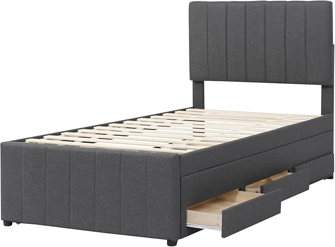 Twin Size Bed Frame with Trundle Bed and Storage Drawers, Linen Upholstered Bed - Image 4