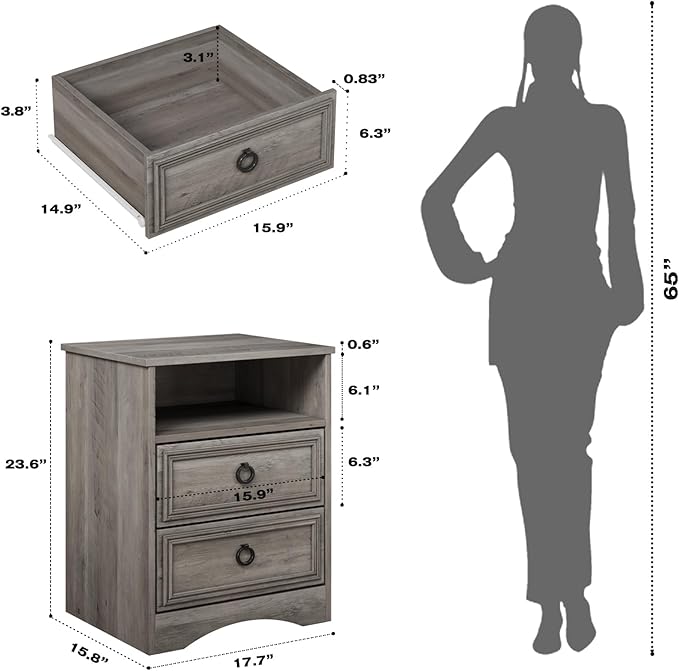 Set of 2 Nightstand with 2 Drawers, Large Accent Bed Side Table and End Table - Image 3