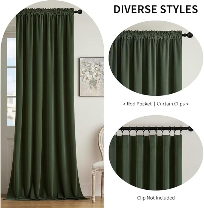 Joydeco Dark Olive Velvet Curtains 63 inch Length 2 Panels, Luxury Blackout Rod - Image 2