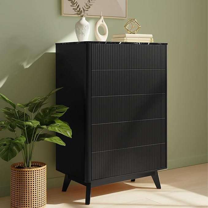 Fluted 5 Drawers Dresser for Bedroom, Curved Profile Design, Wood Drawer - Image 3
