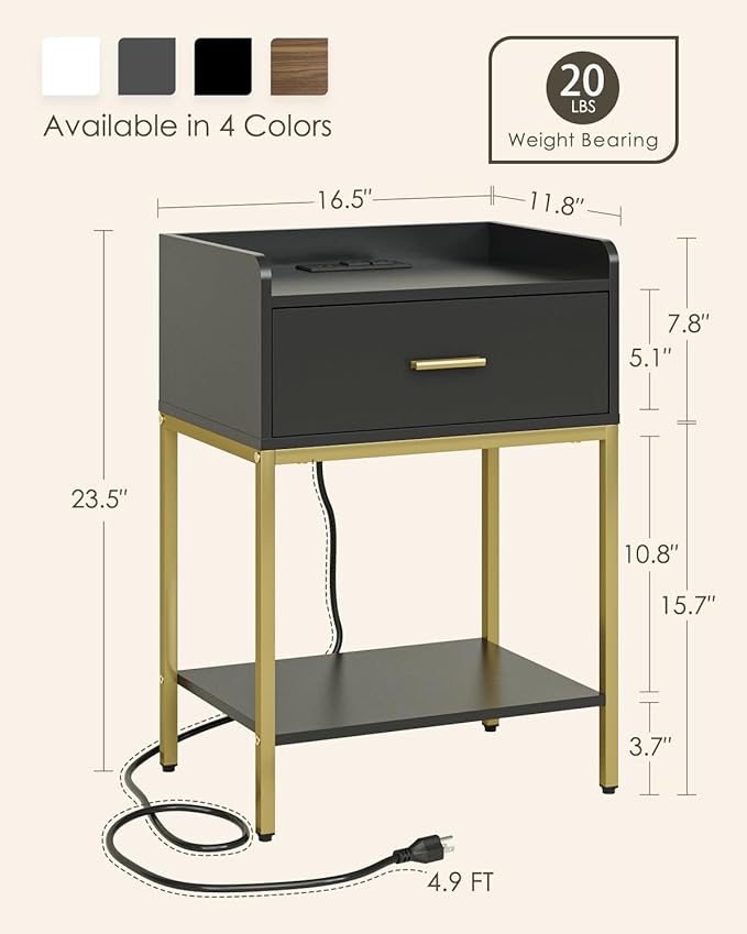 Masupu Nightstand with Charging Station, 3-Tier Modern Bedside Night Stand with - Image 2