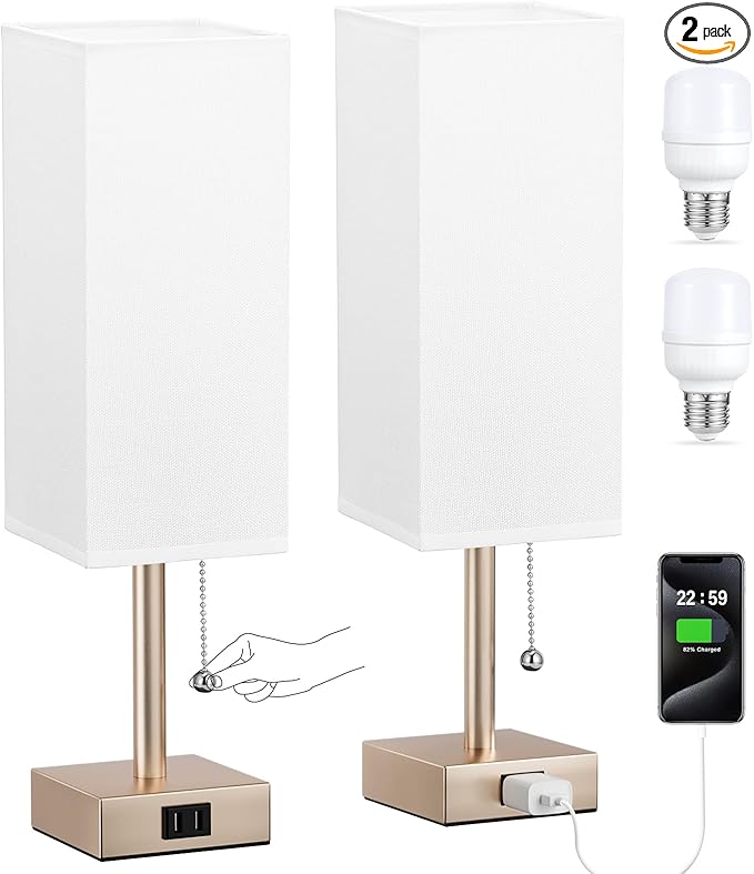 Gold Bedside Table Lamps for Bedroom Set of 2 by Fenmzeelighting
