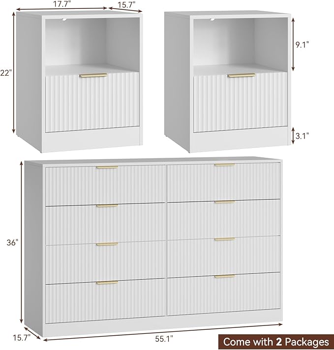 8 Drawer Dresser & Nightstand Set 3-Piece, 55” Wide Bedroom Set Night Stand Set - Image 2