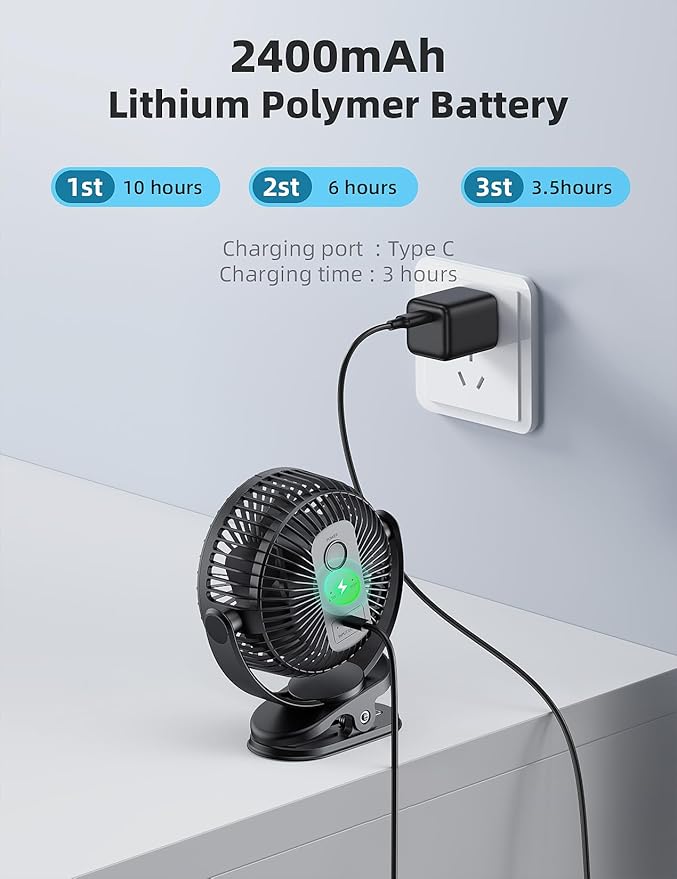 Svinkal USB Portable Clip on Fan, 2400mAh Battery Type-C 6in, 3 Speed 720° - Image 3