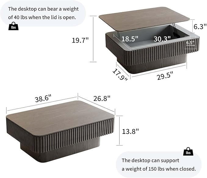 Lift Coffee Table with Storage & Adjustable Height, Rectangle Solid Wood Coffee - Image 2
