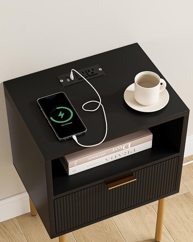 Masupu Nightstand with Charging Station, Mid-Century Modern Bedside Table with - Image 10