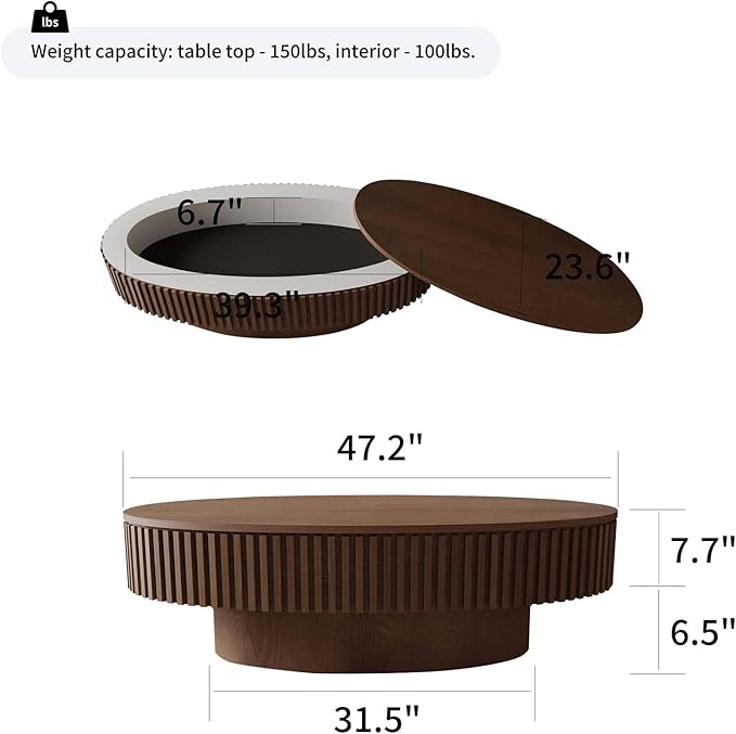 Oval Coffee Table with Storage, Modern Walnut Coffee Table with Solid Wood - Image 3