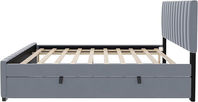 Full Bed Frame with Trundle Bed, Velvet Upholstered Platform Bed Frame - Image 8