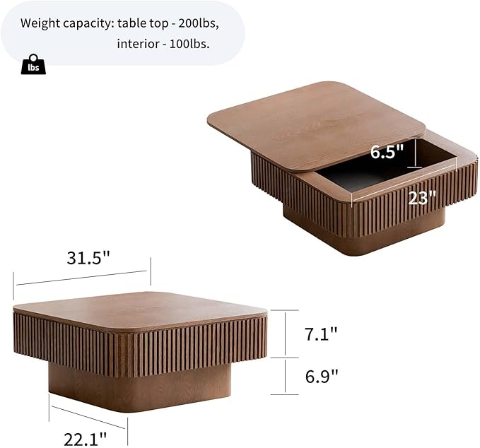 Square Small Coffee Table with Storage, Modern Wooden Coffee Table with Solid - Image 3