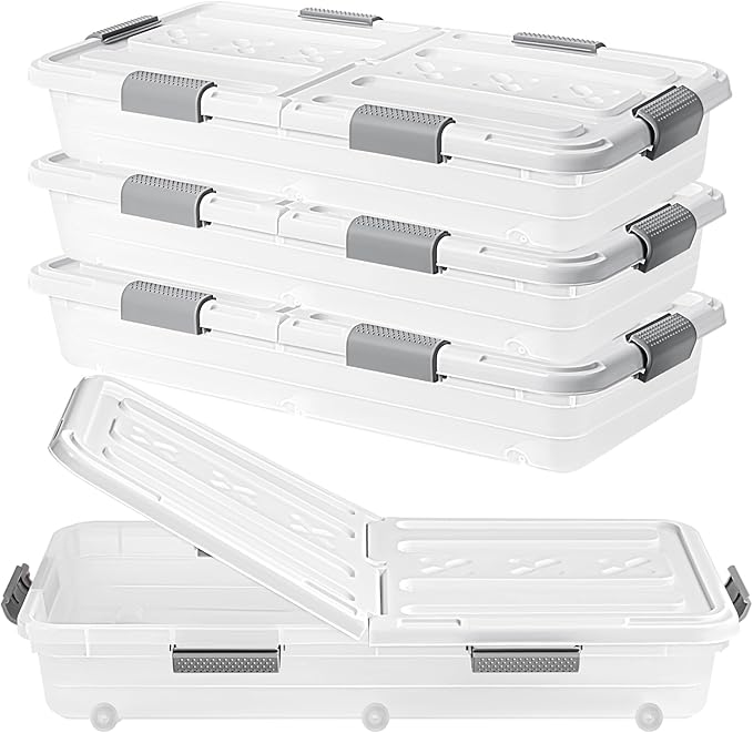 4 PCS*49 Qt Wheeled Latching Under Bed Storage, Double Opening Lids Stackable by Unknown