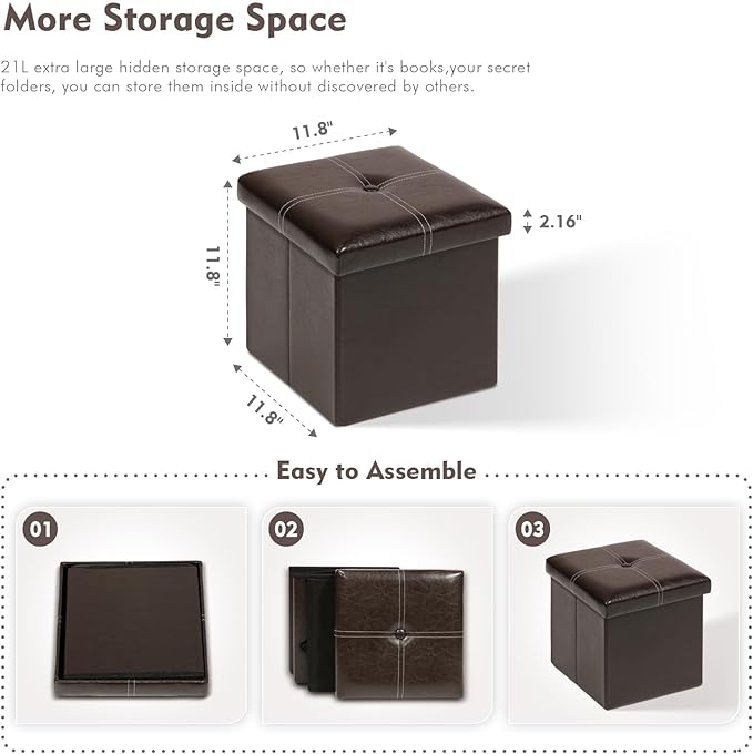 B FSOBEIIALEO Folding Storage Ottoman Cube, Faux Leather Footrest Seat Coffee - Image 3