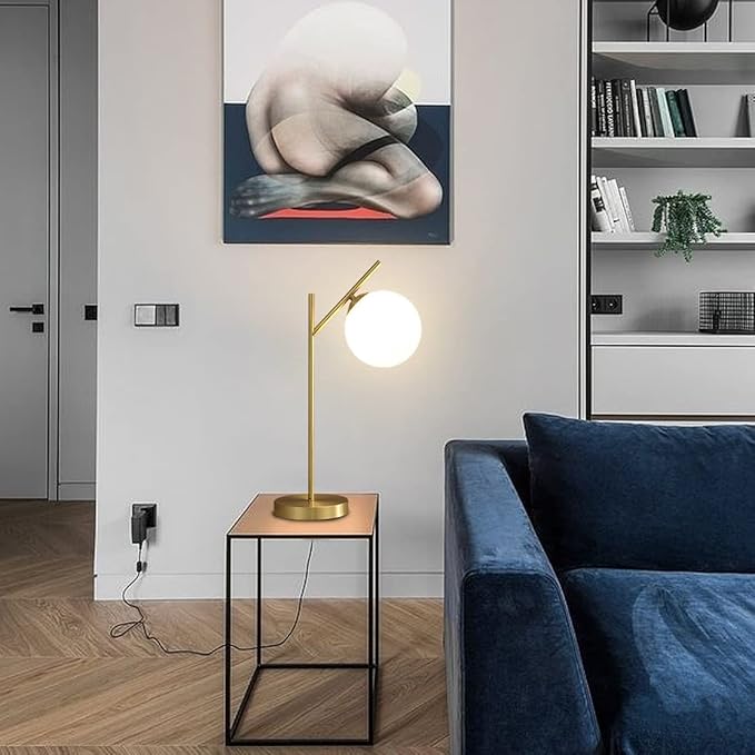 Mid Century Modern Table Lamp, 1 Light Brass Glass Globe Bedside Lamp, - Image 8