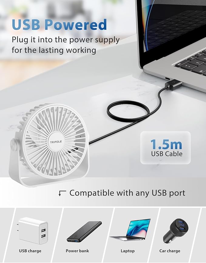 TriPole USB Desk Fan Portable Mini Fan Powerful 3 Speeds Wind Personal Desktop - Image 3