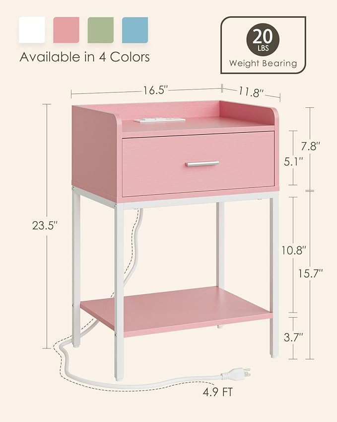 Masupu Nightstand with Charging Station, 3-Tier Modern Bedside Night Stand with - Image 2